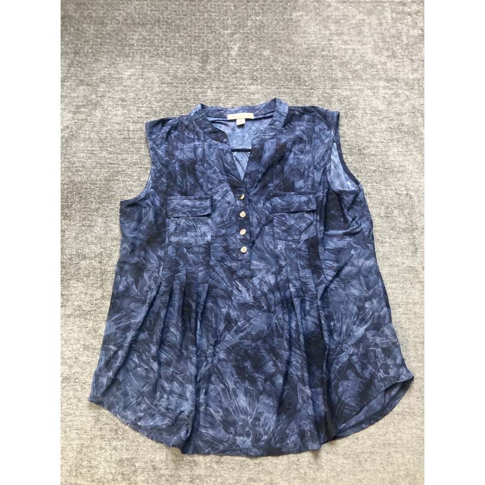 Westport 1962 Blouse Top‎ Womens XL Blue Abstract Print Pleated Front Split Neck